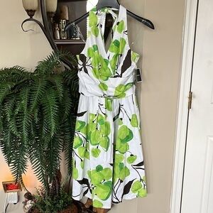 Brand New Madison Leigh Halter Dress White Green Floral Washable Zippered
